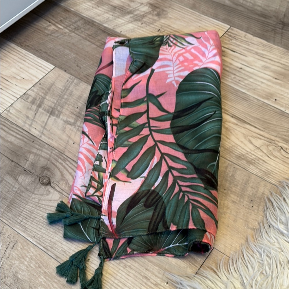 Pink and Green Leaf Pattern Scarf